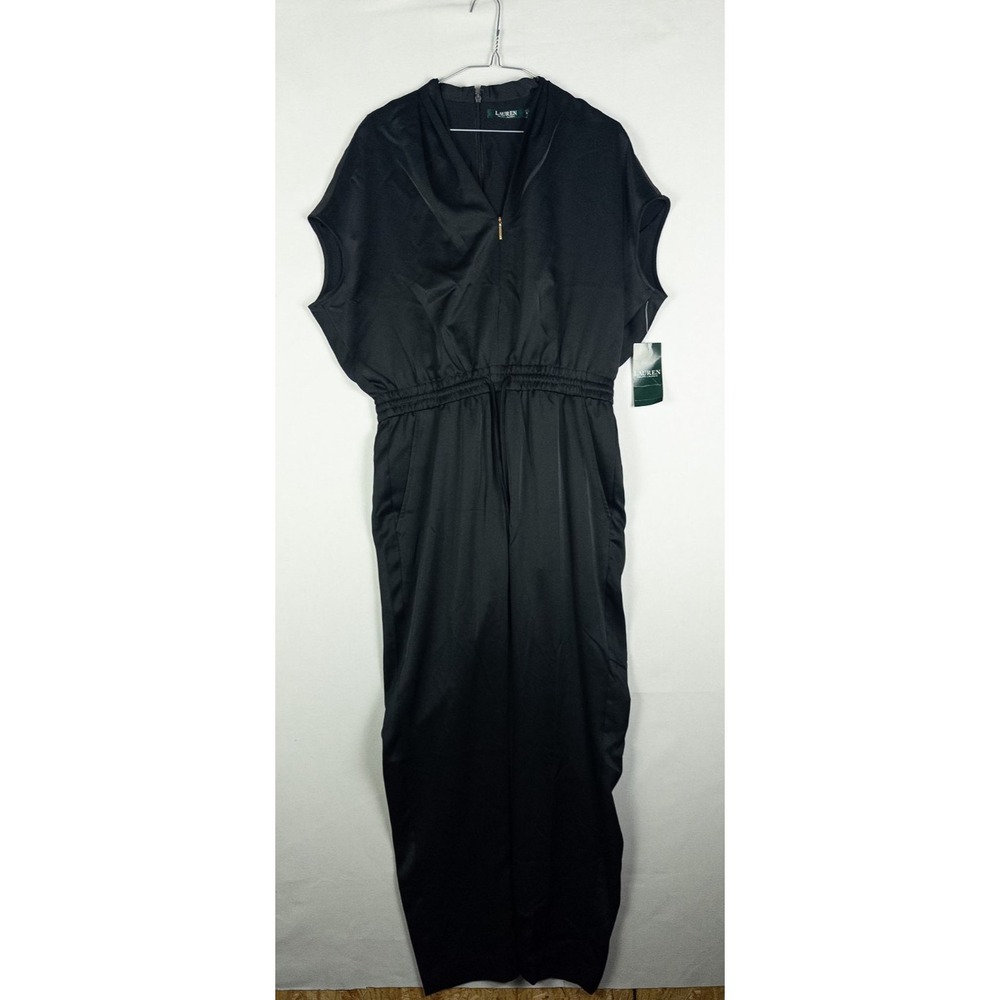 Lauren‎ Ralph Lauren Jumpsuit Womens 4 Black Satin V-Neck Zip Wide Leg NWT $225